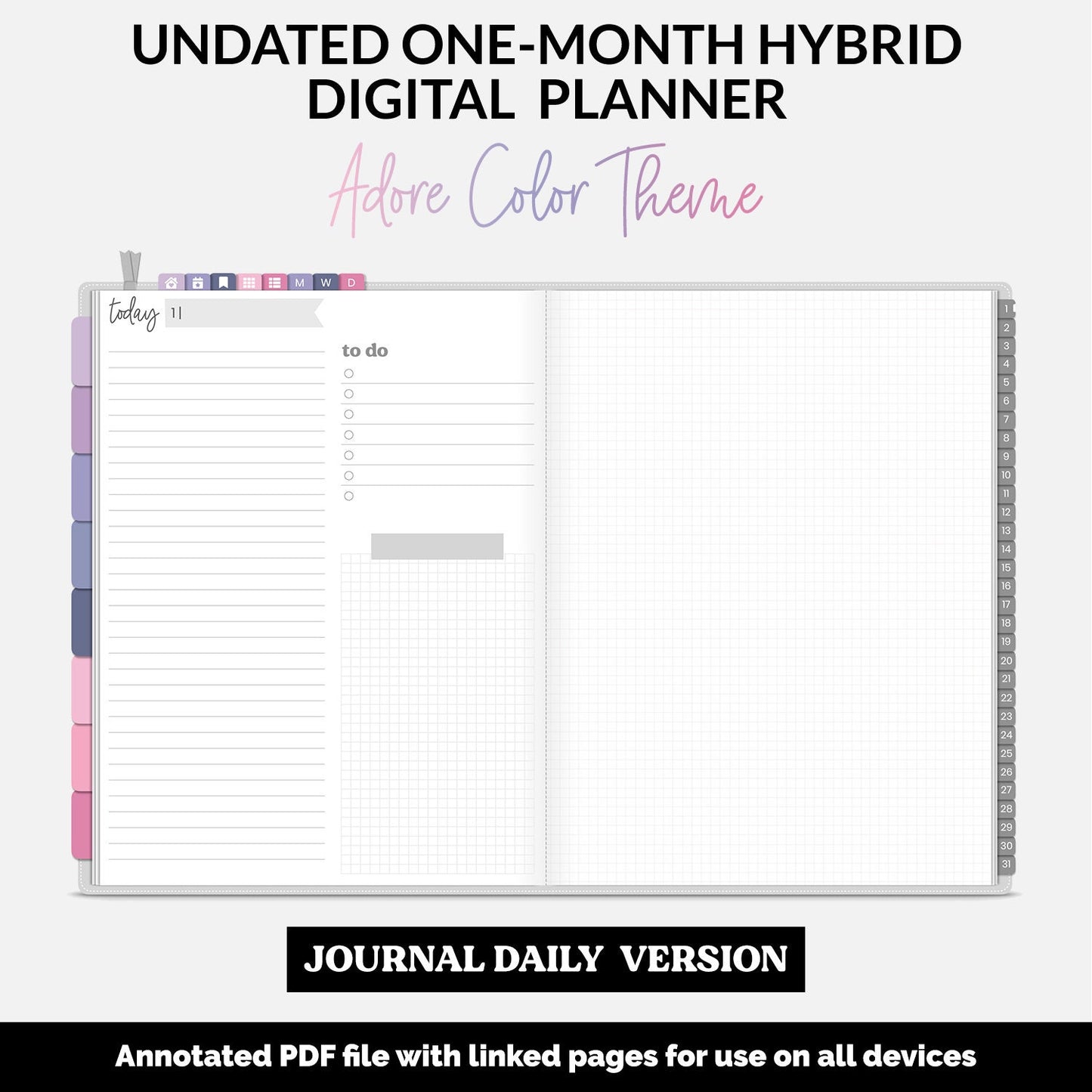 Undated Hybrid One Month Digital Planner | Adore Theme | GoodNotes, iPad & Android