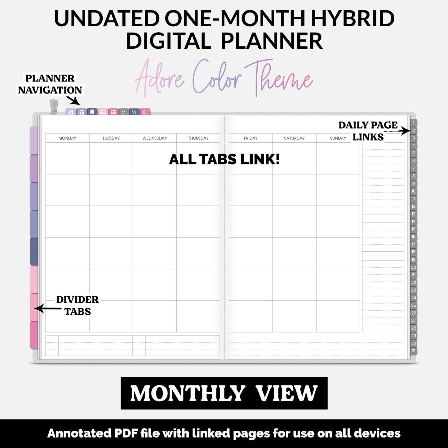 Undated Hybrid One Month Digital Planner | Adore Theme | GoodNotes, iPad & Android