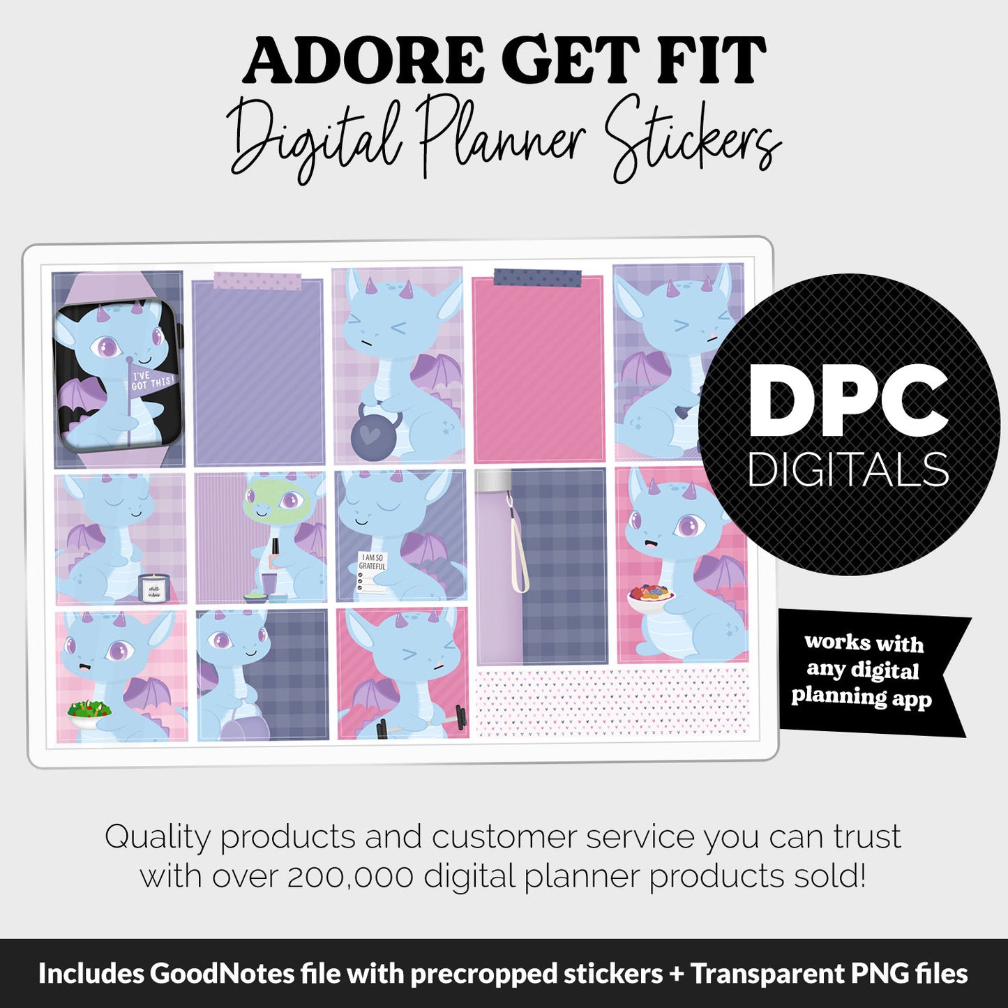 Get Fit Adore Digital Stickers | GoodNotes & iPad | Cosmo the Dragon | Fitness, Health, Self-Care, Workout