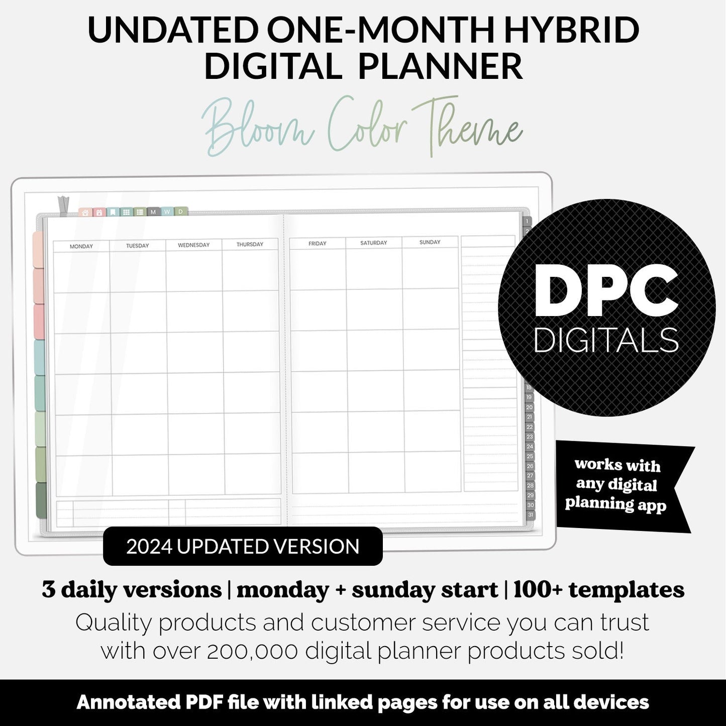 Undated Hybrid One Month Digital Planner | Bloom Theme | GoodNotes, iPad & Android