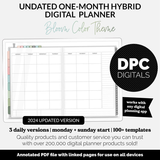 Undated Hybrid One Month Digital Planner | Bloom Theme | GoodNotes, iPad & Android