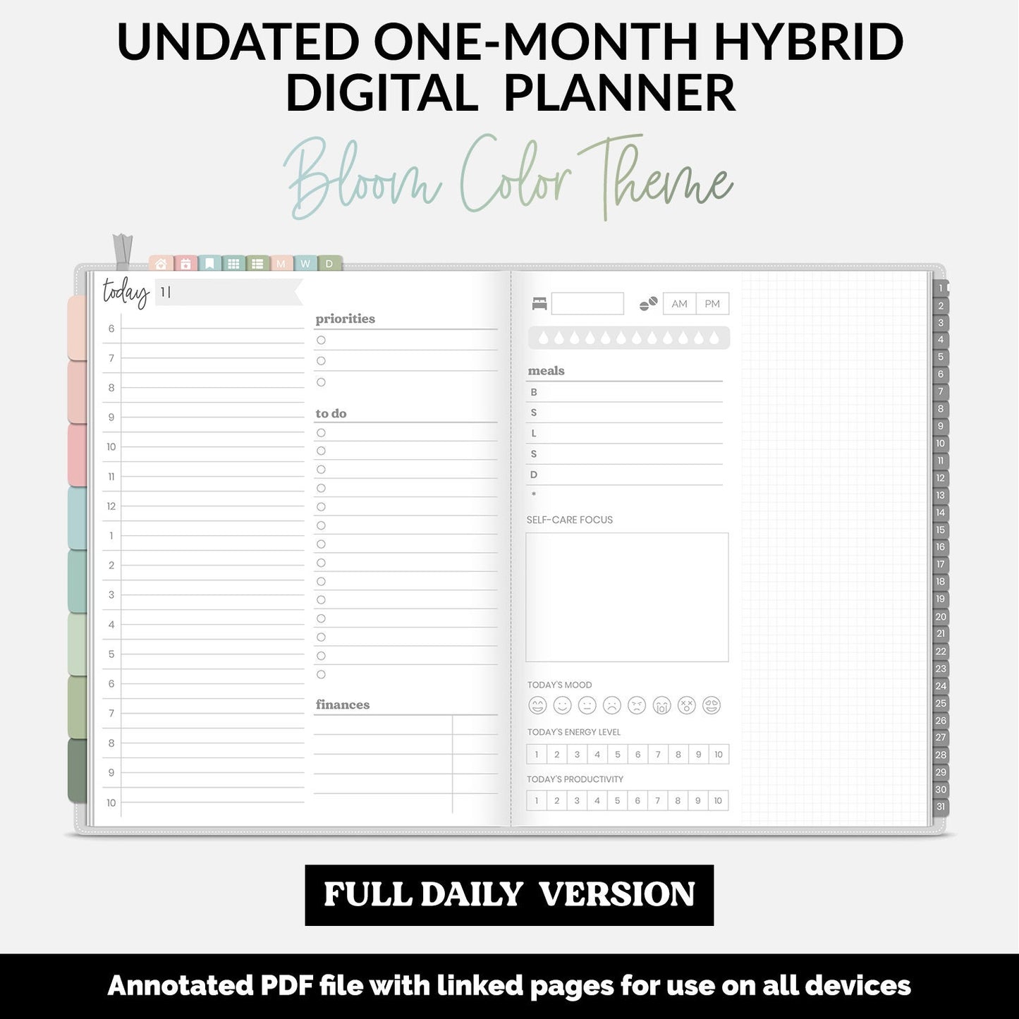 Undated Hybrid One Month Digital Planner | Bloom Theme | GoodNotes, iPad & Android