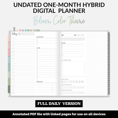 Undated Hybrid One Month Digital Planner | Bloom Theme | GoodNotes, iPad & Android
