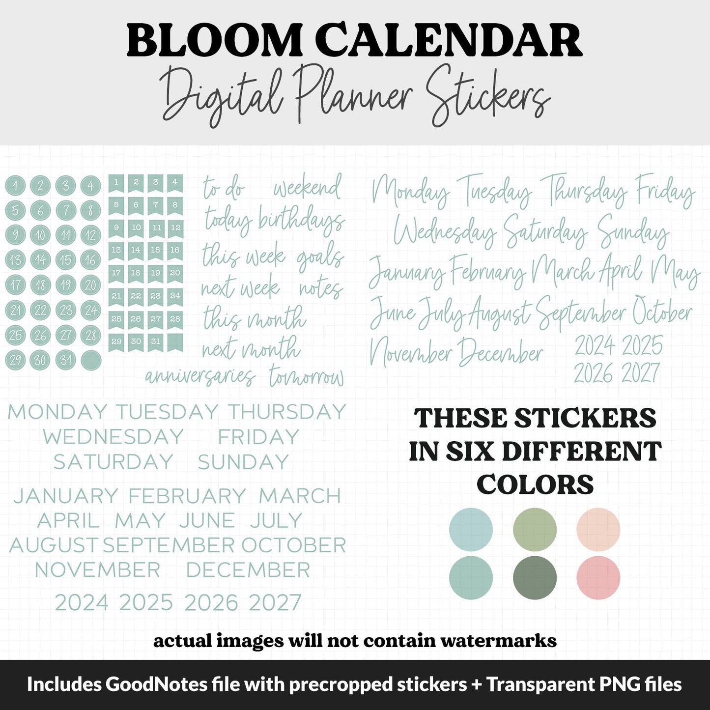 Bloom Calendar Essentials Digital Planner Stickers | GoodNotes, iPad and Android | Dates, Days of the Week, Months
