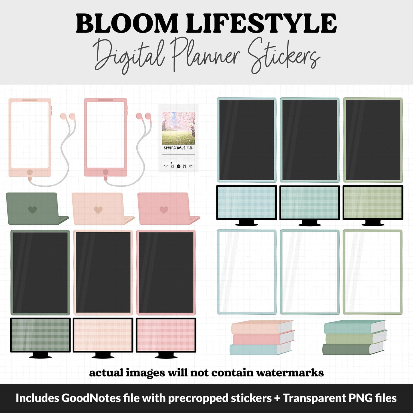 Bloom Lifestyle Add-On Digital Stickers | GoodNotes & iPad | TV, Playlist, Travel, Reading, Work, Groceries