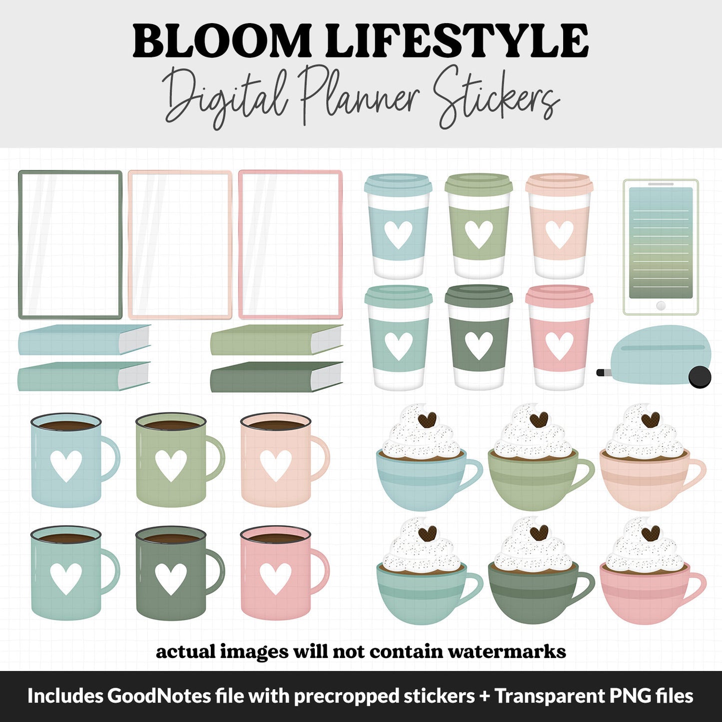 Bloom Lifestyle Add-On Digital Stickers | GoodNotes & iPad | TV, Playlist, Travel, Reading, Work, Groceries