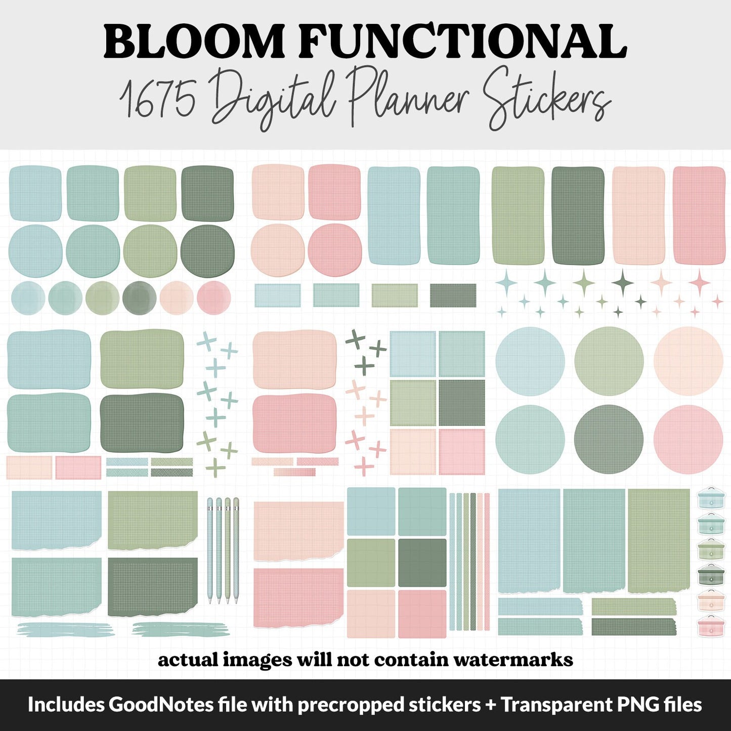 Bloom Functional Digital Sticker Set | GoodNotes, iPad & Android | Papers, Sticky Notes, Chores, Work, Adulting, Tasks, Dates