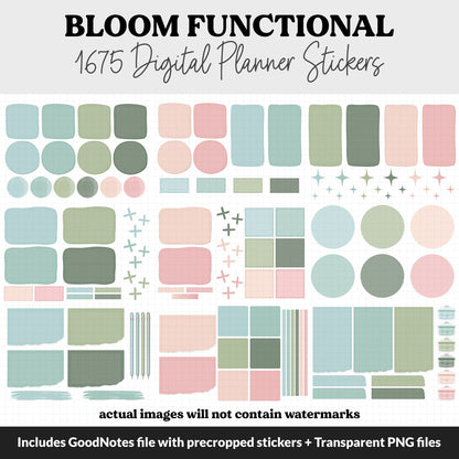 Bloom Functional Digital Sticker Set | GoodNotes, iPad & Android | Papers, Sticky Notes, Chores, Work, Adulting, Tasks, Dates