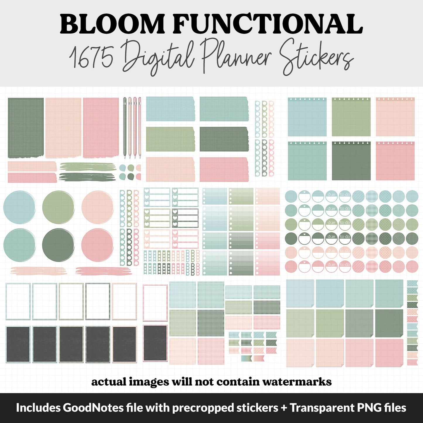 Bloom Functional Digital Sticker Set | GoodNotes, iPad & Android | Papers, Sticky Notes, Chores, Work, Adulting, Tasks, Dates