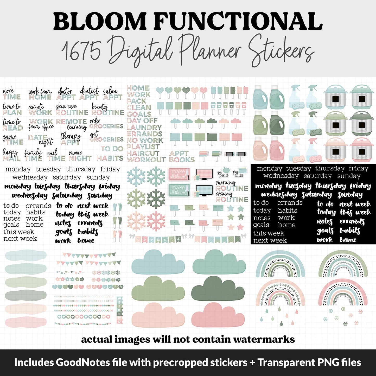 Bloom Functional Digital Sticker Set | GoodNotes, iPad & Android | Papers, Sticky Notes, Chores, Work, Adulting, Tasks, Dates