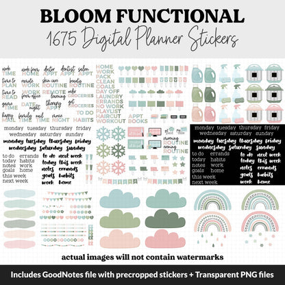 Bloom Functional Digital Sticker Set | GoodNotes, iPad & Android | Papers, Sticky Notes, Chores, Work, Adulting, Tasks, Dates