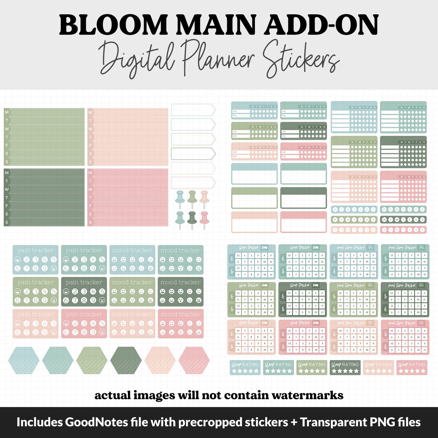 Bloom Add-On Digital Stickers | GoodNotes & iPad | Trackers, Budget, Meal Planning, Health, Habits
