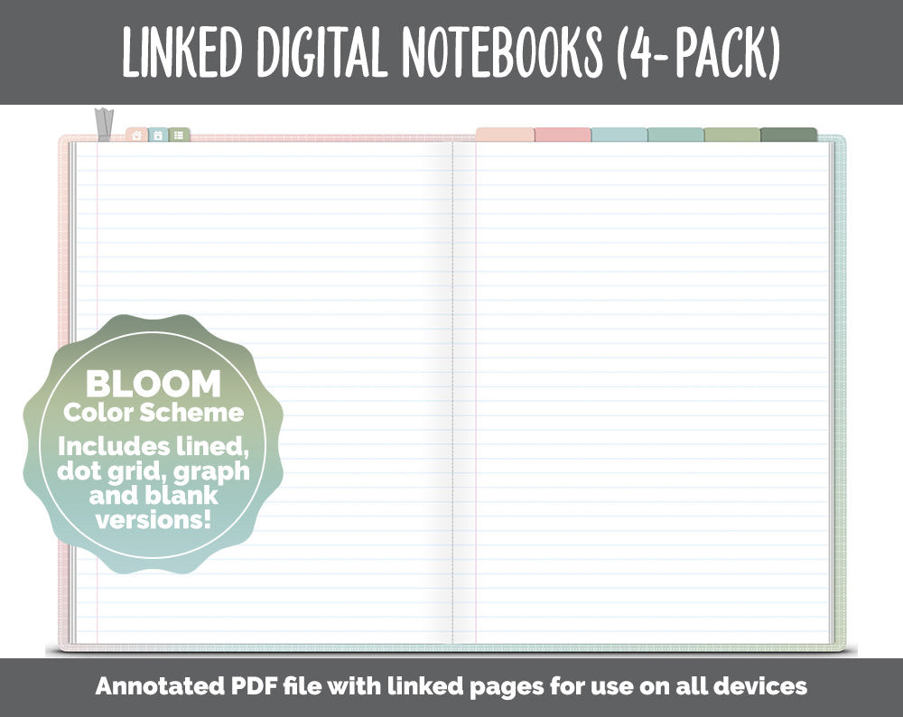 Linked Digital Notebooks 4- Pack | Bloom Theme | GoodNotes, iPad & Android