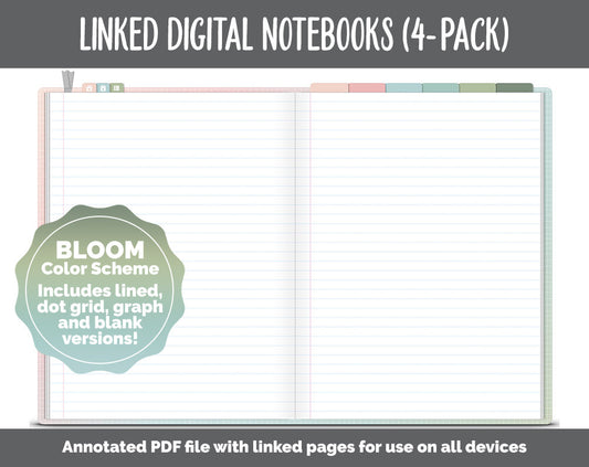 Linked Digital Notebooks 4- Pack | Bloom Theme | GoodNotes, iPad & Android
