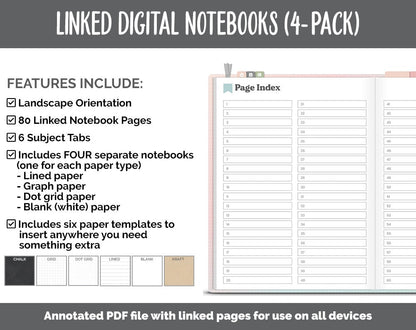 Linked Digital Notebooks 4- Pack | Bloom Theme | GoodNotes, iPad & Android