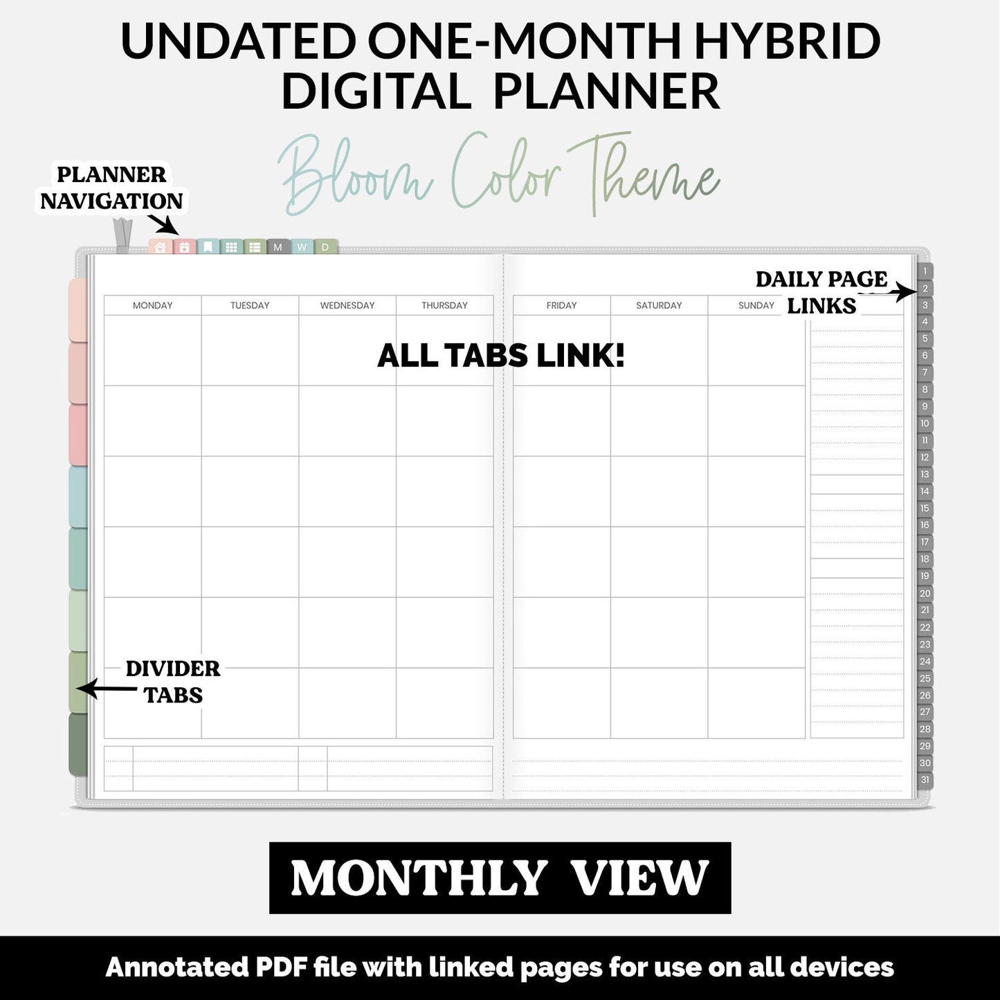 Undated Hybrid One Month Digital Planner | Bloom Theme | GoodNotes, iPad & Android