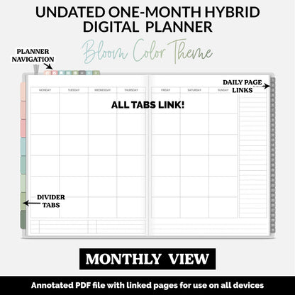 Undated Hybrid One Month Digital Planner | Bloom Theme | GoodNotes, iPad & Android