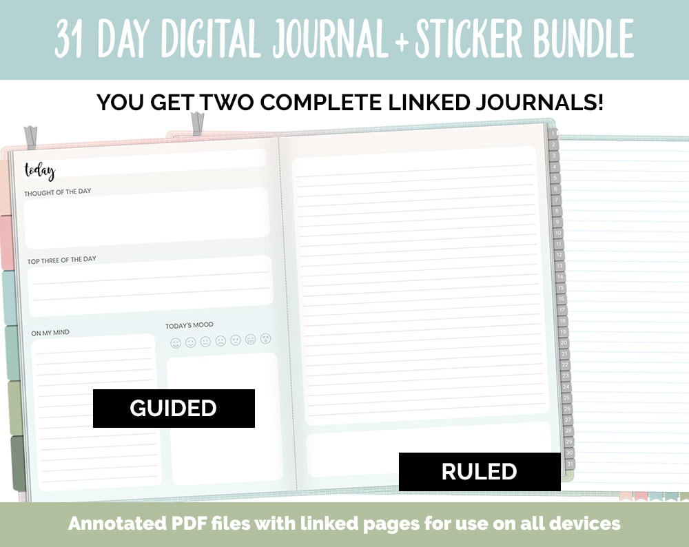31 Day Digital Journal + Sticker Bundle | Bloom Theme