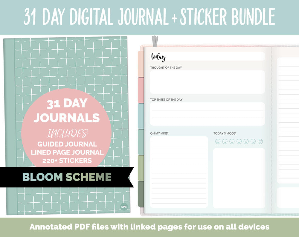 31 Day Digital Journal + Sticker Bundle | Bloom Theme