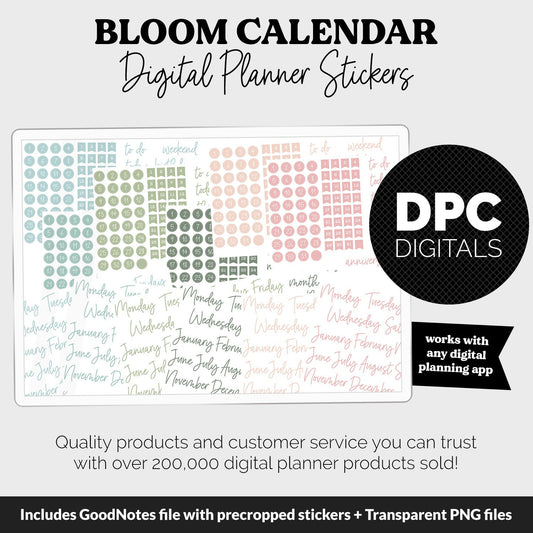 Bloom Calendar Essentials Digital Planner Stickers | GoodNotes, iPad and Android | Dates, Days of the Week, Months