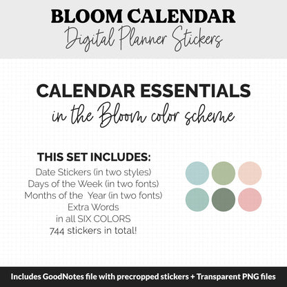 Bloom Calendar Essentials Digital Planner Stickers | GoodNotes, iPad and Android | Dates, Days of the Week, Months