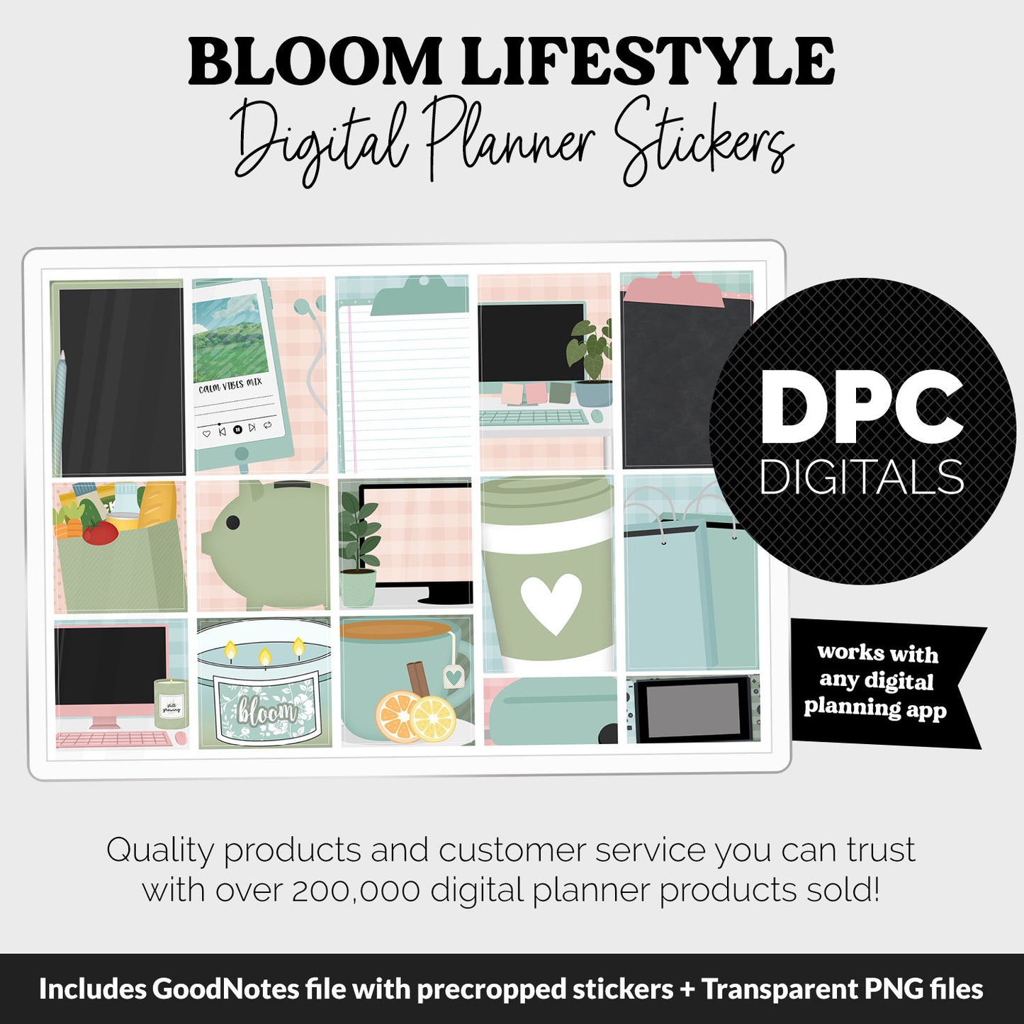 Bloom Lifestyle Add-On Digital Stickers | GoodNotes & iPad | TV, Playlist, Travel, Reading, Work, Groceries