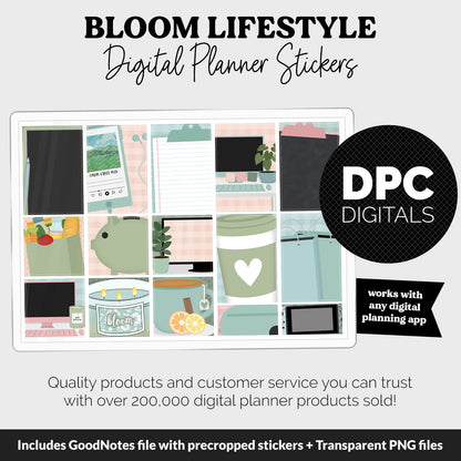 Bloom Lifestyle Add-On Digital Stickers | GoodNotes & iPad | TV, Playlist, Travel, Reading, Work, Groceries