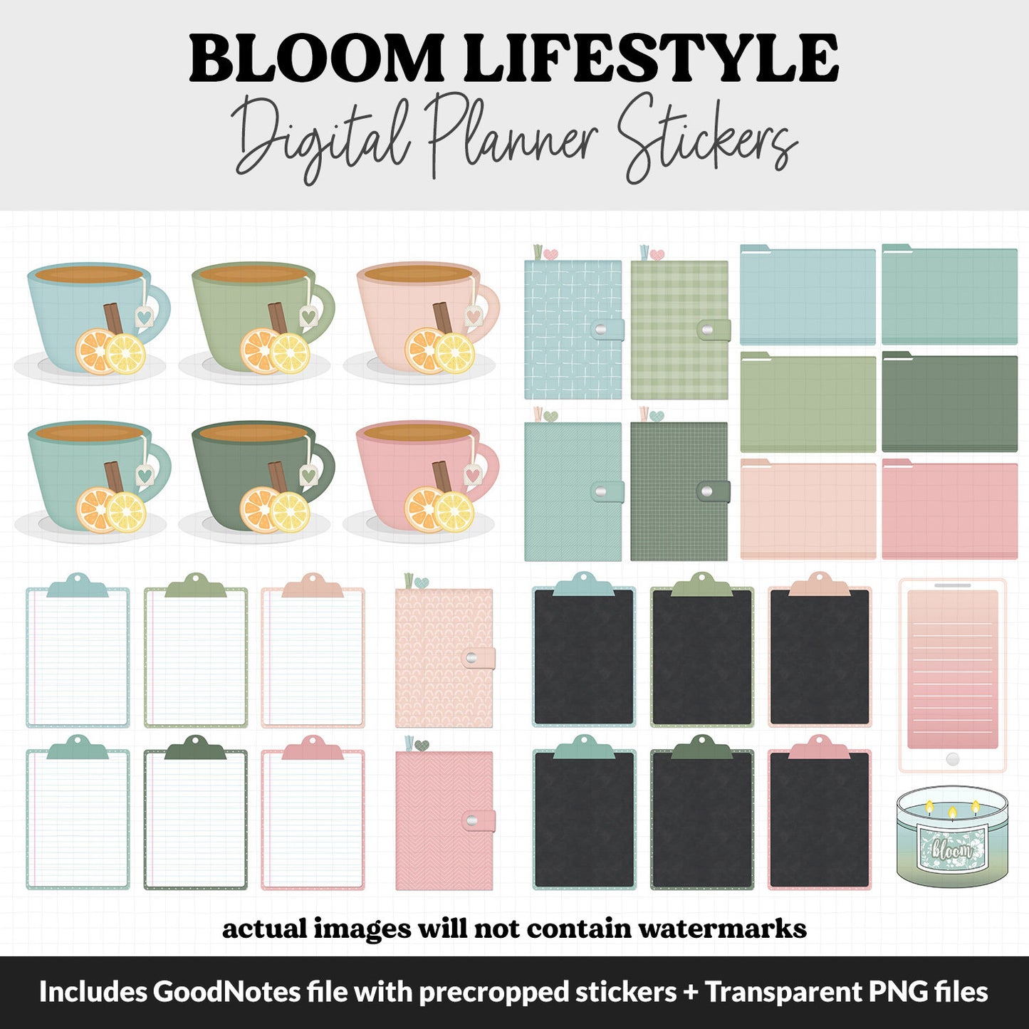 Bloom Lifestyle Add-On Digital Stickers | GoodNotes & iPad | TV, Playlist, Travel, Reading, Work, Groceries