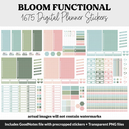 Bloom Functional Digital Sticker Set | GoodNotes, iPad & Android | Papers, Sticky Notes, Chores, Work, Adulting, Tasks, Dates