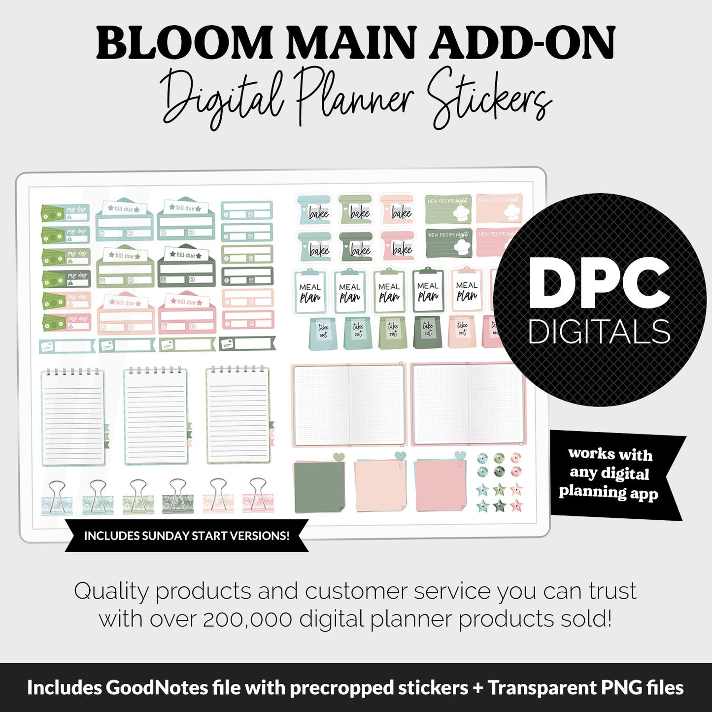 Bloom Add-On Digital Stickers | GoodNotes & iPad | Trackers, Budget, Meal Planning, Health, Habits