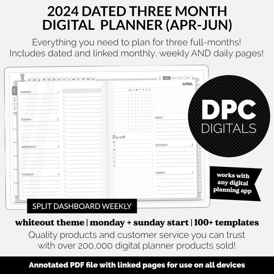 2024 Dated Three Month Digital Planner | April - June | Whiteout Theme | Split Dashboard