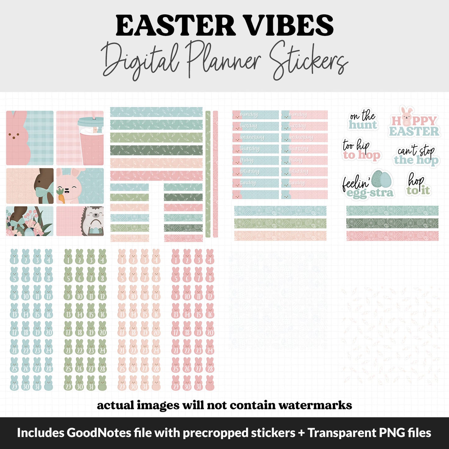 Easter Vibes Digital Planner Stickers | GoodNotes, iPad and Android | Spring, Huey the Hedgehog, Bunny