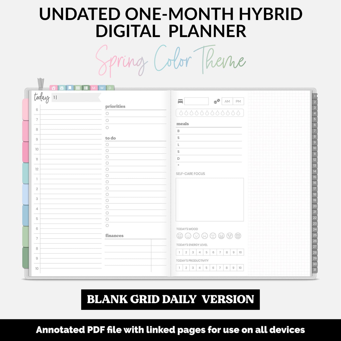 Undated Hybrid One Month Digital Planner | Spring Theme | GoodNotes, iPad & Android