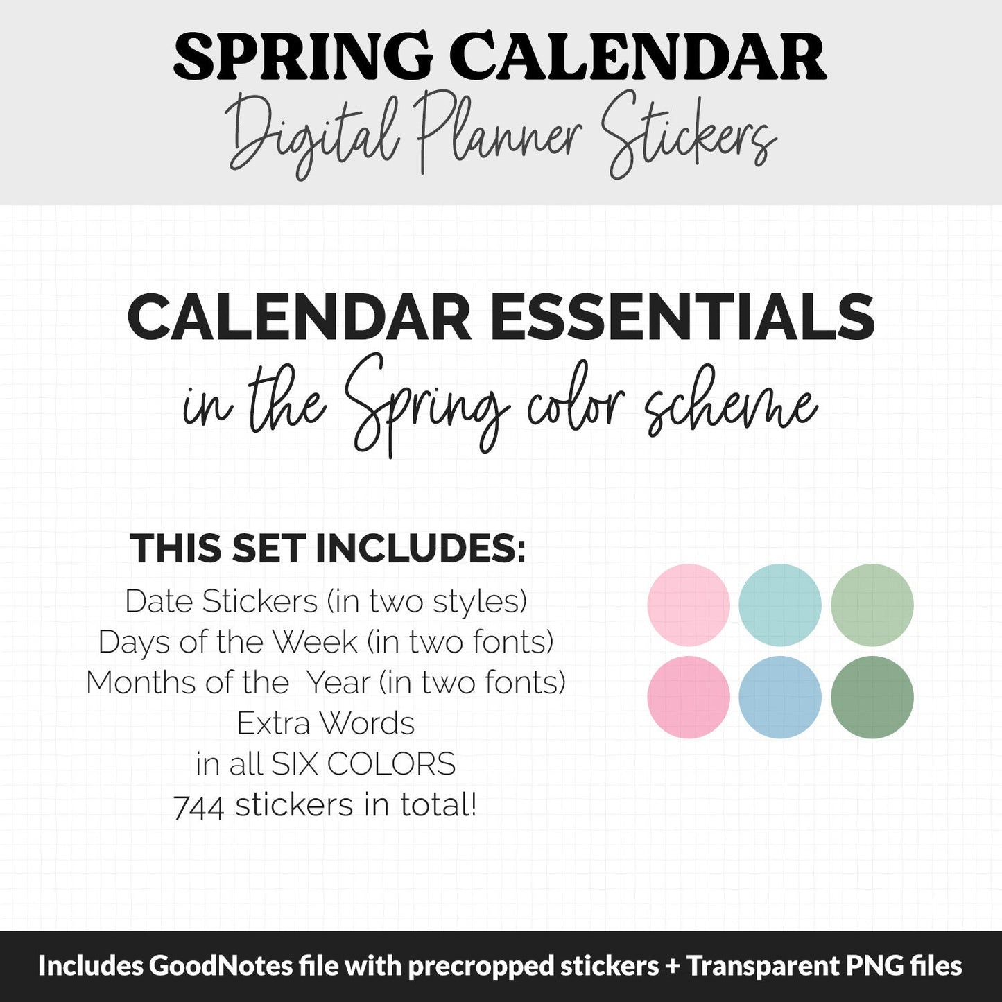 Spring Calendar Essentials Digital Planner Stickers | GoodNotes, iPad and Android | Dates, Days of the Week, Months