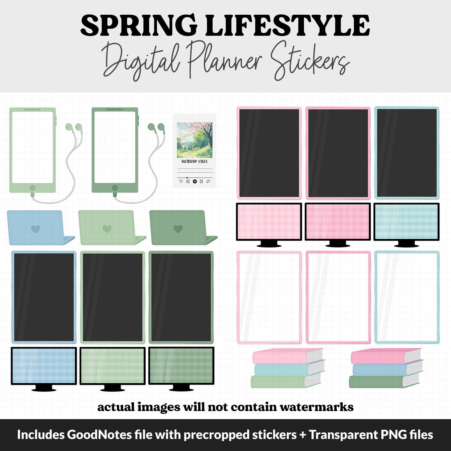 Spring Lifestyle Add-On Digital Stickers | GoodNotes & iPad | TV, Playlist, Travel, Reading, Work, Groceries