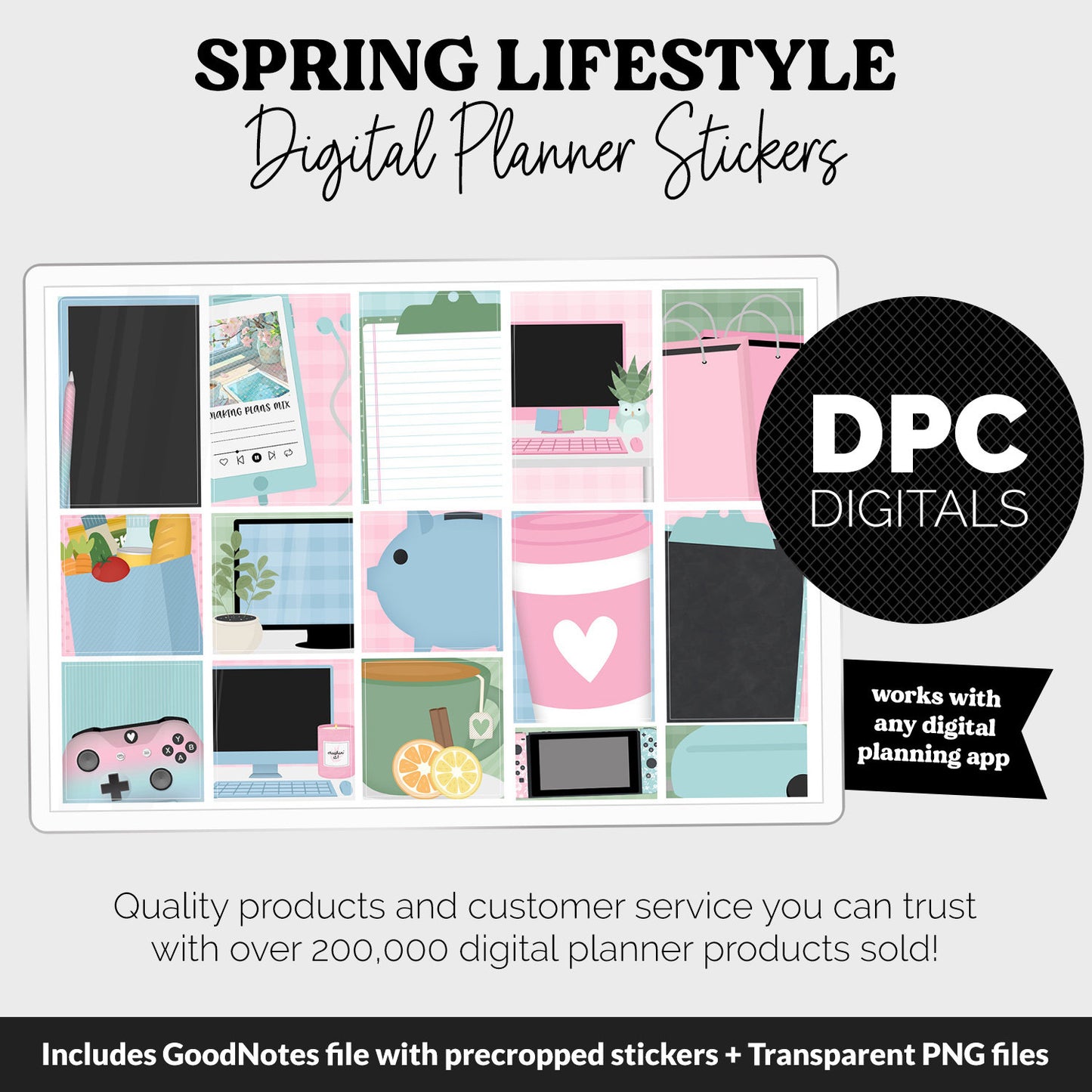 Spring Lifestyle Add-On Digital Stickers | GoodNotes & iPad | TV, Playlist, Travel, Reading, Work, Groceries