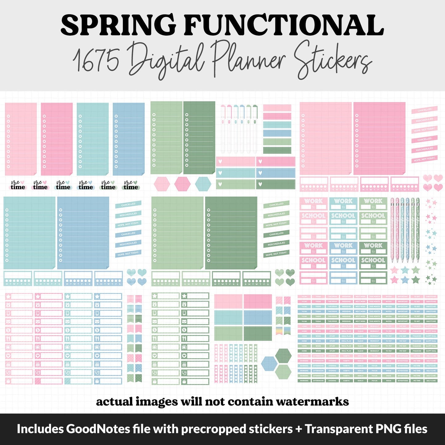 Spring Functional Digital Sticker Set | GoodNotes, iPad & Android | Papers, Sticky Notes, Chores, Work, Adulting, Tasks, Dates