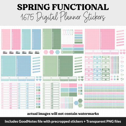 Spring Functional Digital Sticker Set | GoodNotes, iPad & Android | Papers, Sticky Notes, Chores, Work, Adulting, Tasks, Dates