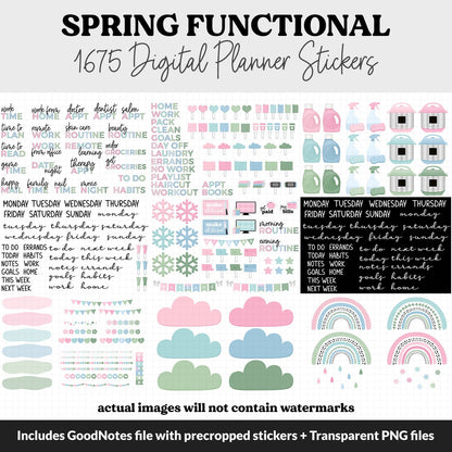 Spring Functional Digital Sticker Set | GoodNotes, iPad & Android | Papers, Sticky Notes, Chores, Work, Adulting, Tasks, Dates