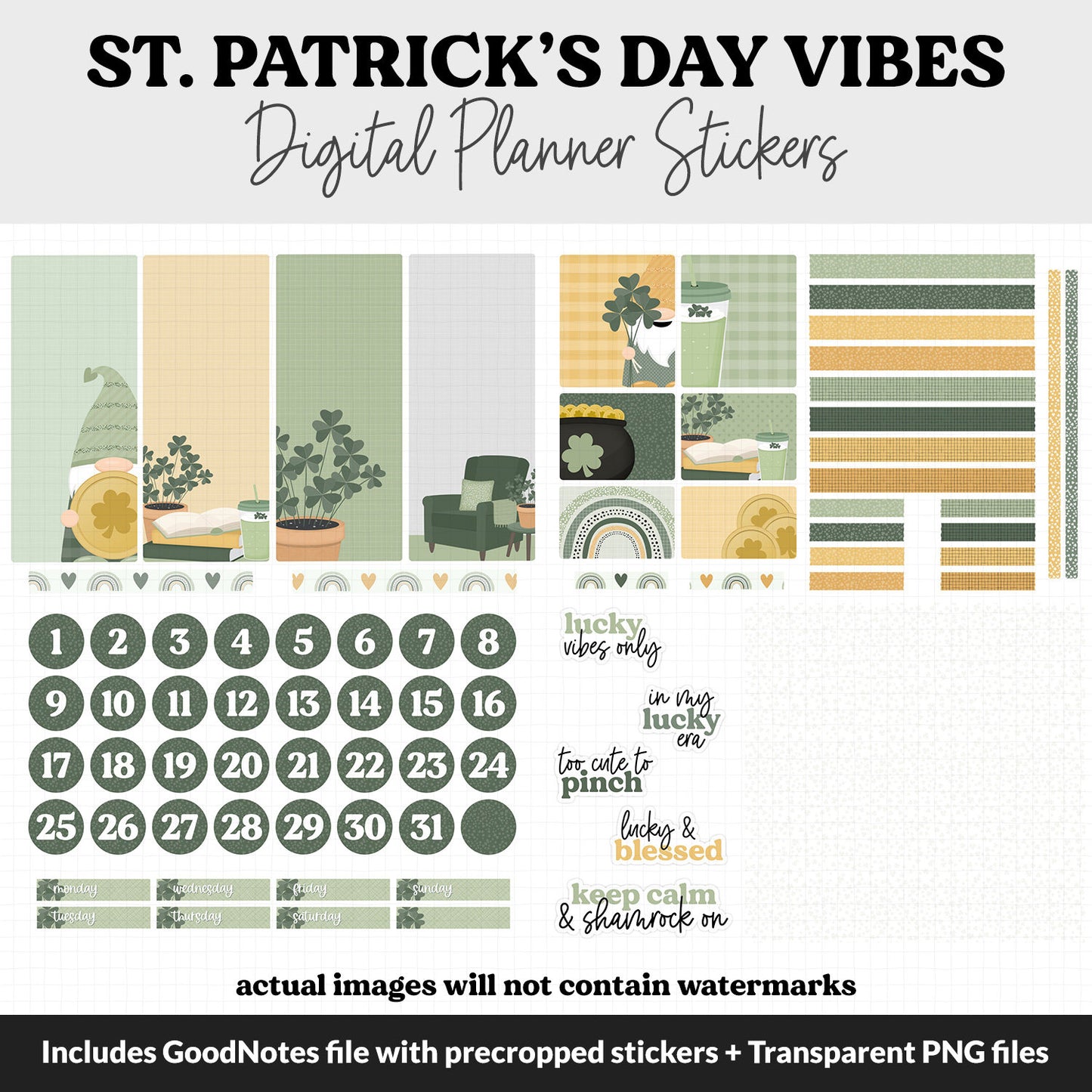 St. Patrick's Day Vibes Digital Planner Stickers | GoodNotes, iPad and Android | March, Spring, Floral, Home, Decor, Outdoor, Garden