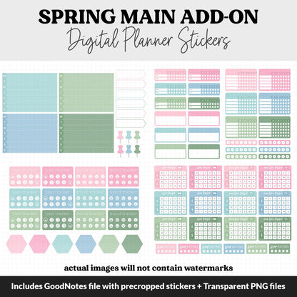 Spring Add-On Digital Stickers | GoodNotes & iPad | Trackers, Budget, Meal Planning, Health, Habits