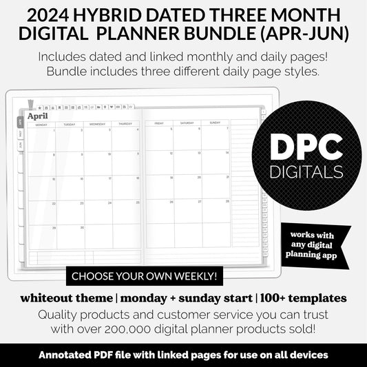 2024 Dated Hybrid Three Month Digital Planner Bundle | April - June | Whiteout Theme