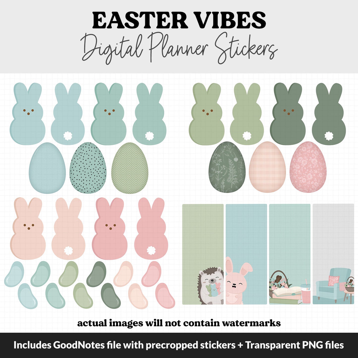 Easter Vibes Digital Planner Stickers | GoodNotes, iPad and Android | Spring, Huey the Hedgehog, Bunny