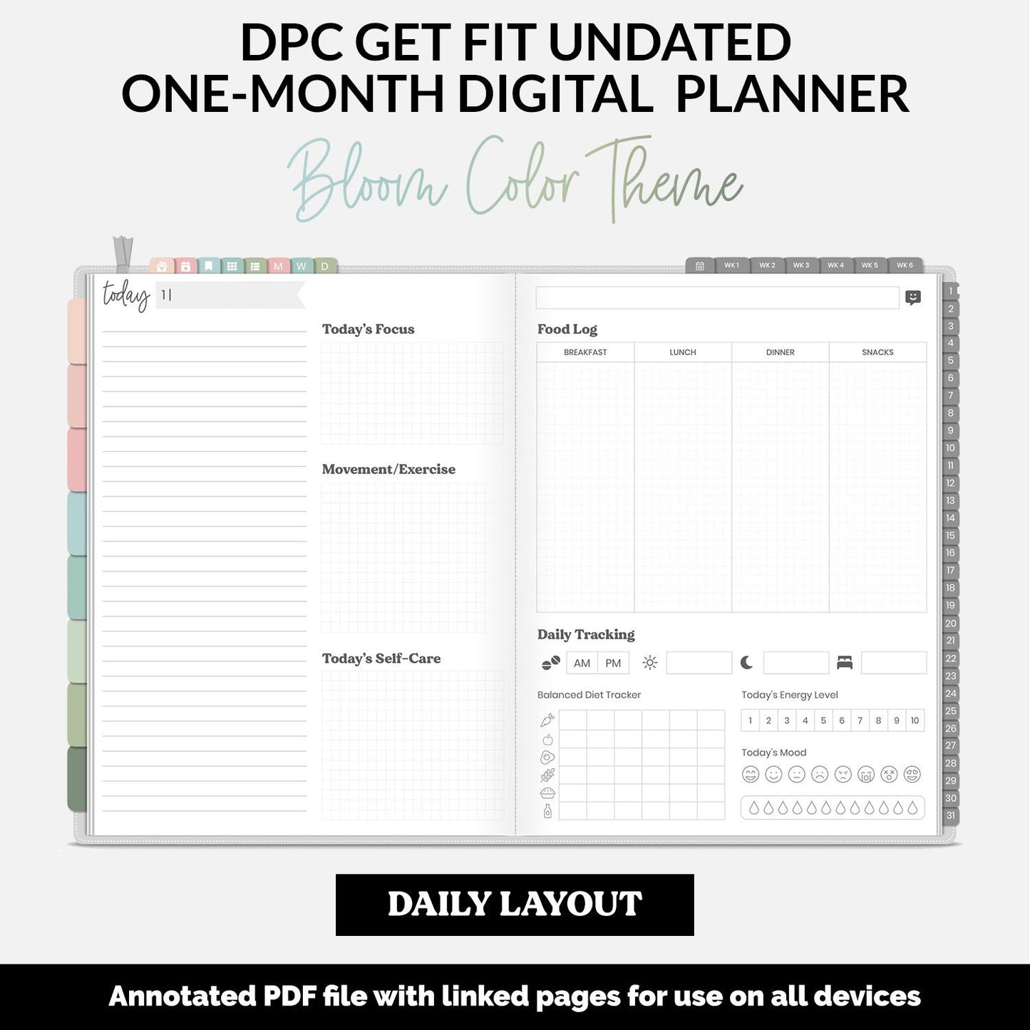 Get Fit One Month Digital Planner | Bloom Theme | GoodNotes, iPad, Android | Workout, Fitness, Health, Wellness, Self-Care