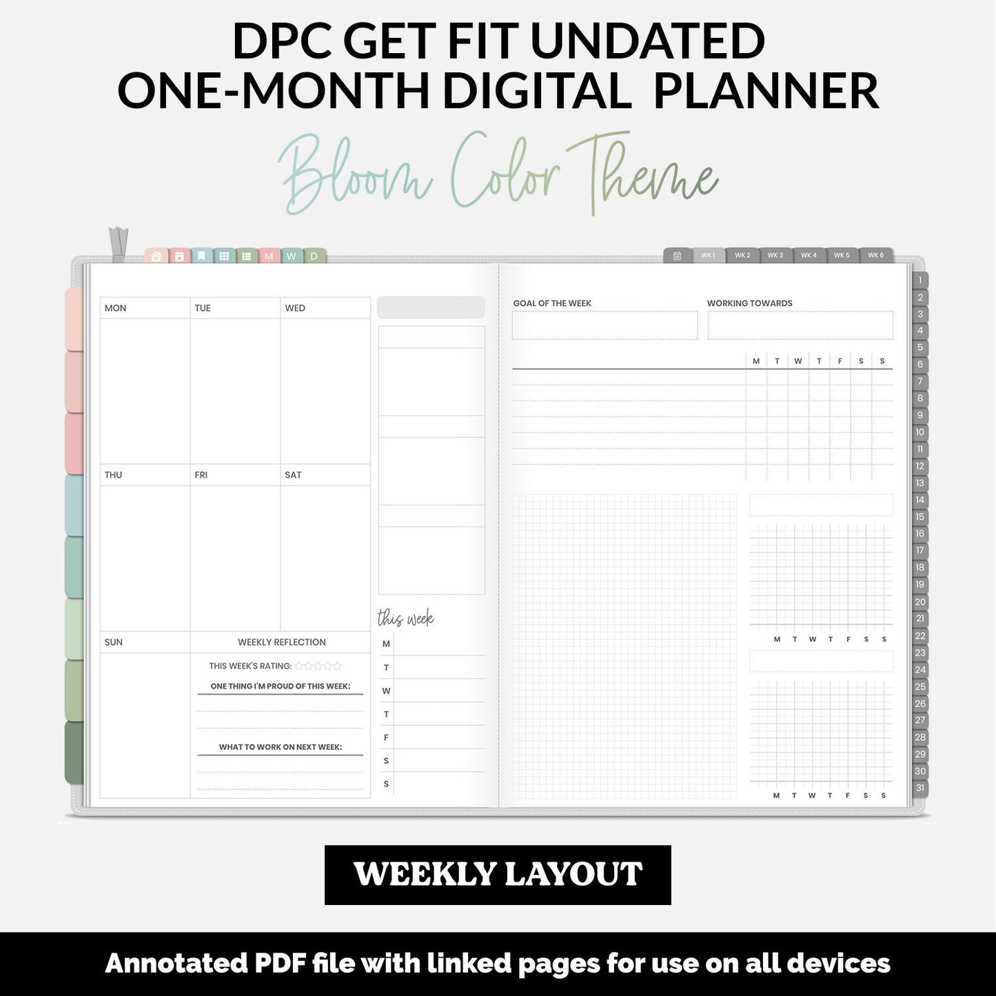 Get Fit One Month Digital Planner | Bloom Theme | GoodNotes, iPad, Android | Workout, Fitness, Health, Wellness, Self-Care