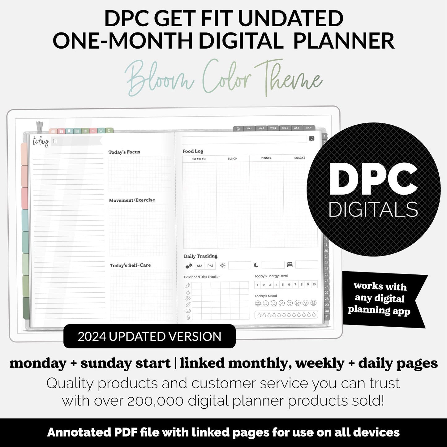 Get Fit One Month Digital Planner | Bloom Theme | GoodNotes, iPad, Android | Workout, Fitness, Health, Wellness, Self-Care