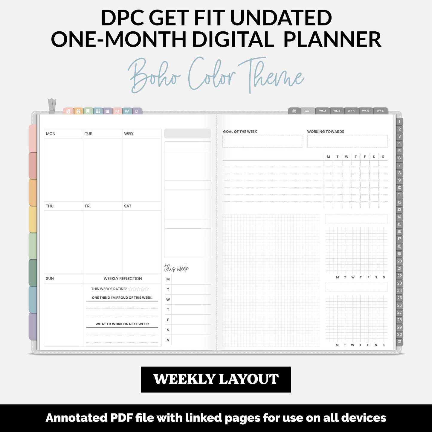 Get Fit One Month Digital Planner | Boho Theme | GoodNotes, iPad, Android | Workout, Fitness, Health, Wellness, Self-Care