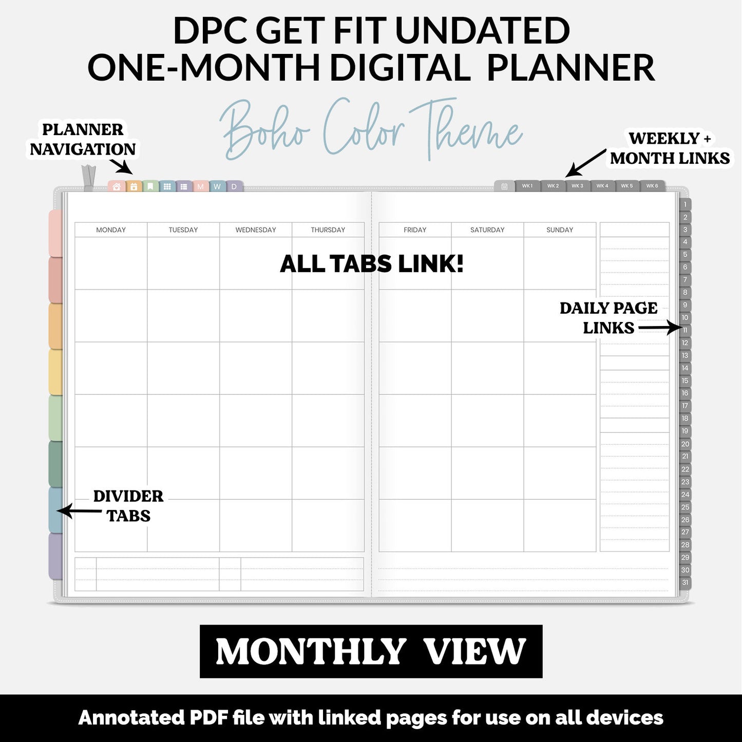 Get Fit One Month Digital Planner | Boho Theme | GoodNotes, iPad, Android | Workout, Fitness, Health, Wellness, Self-Care