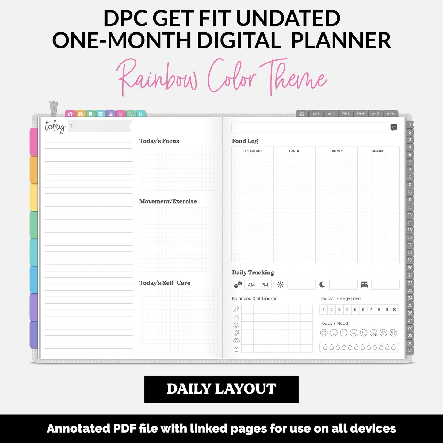 Get Fit One Month Digital Planner | Rainbow Theme | GoodNotes, iPad, Android | Workout, Fitness, Health, Wellness, Self-Care