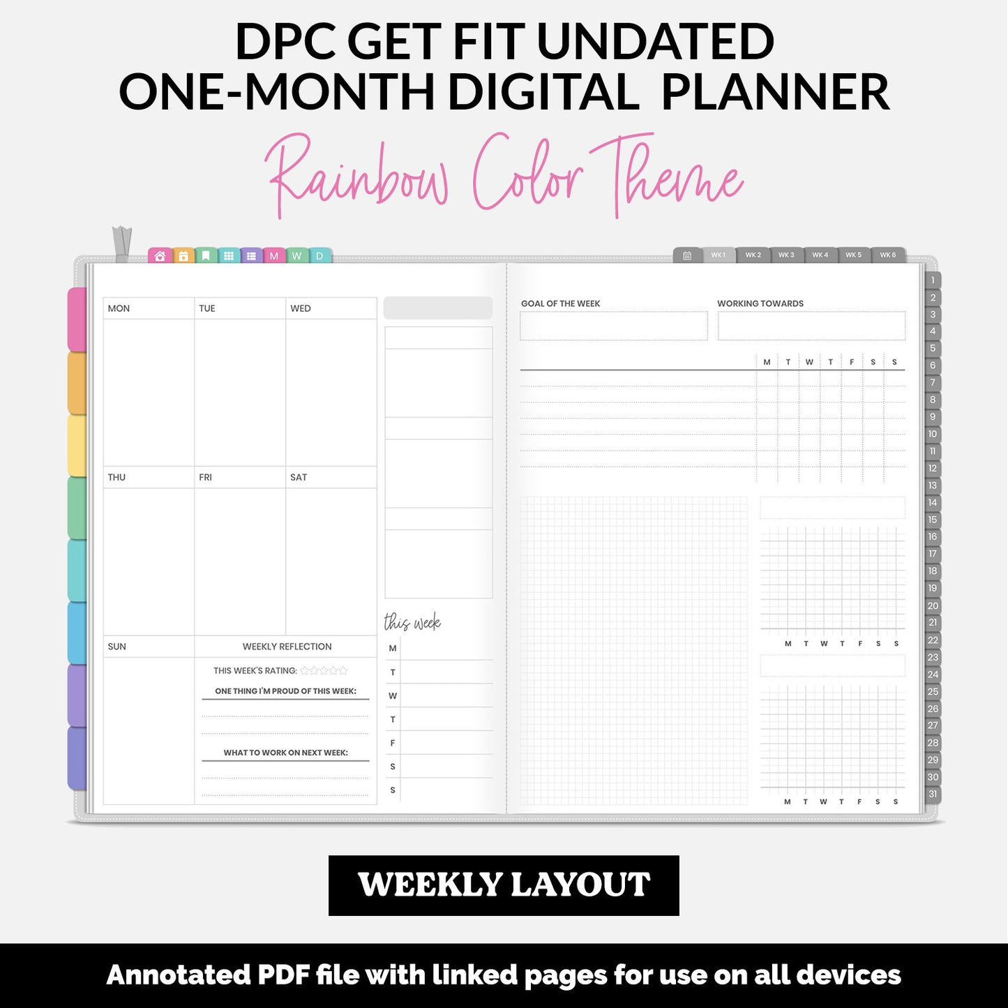 Get Fit One Month Digital Planner | Rainbow Theme | GoodNotes, iPad, Android | Workout, Fitness, Health, Wellness, Self-Care